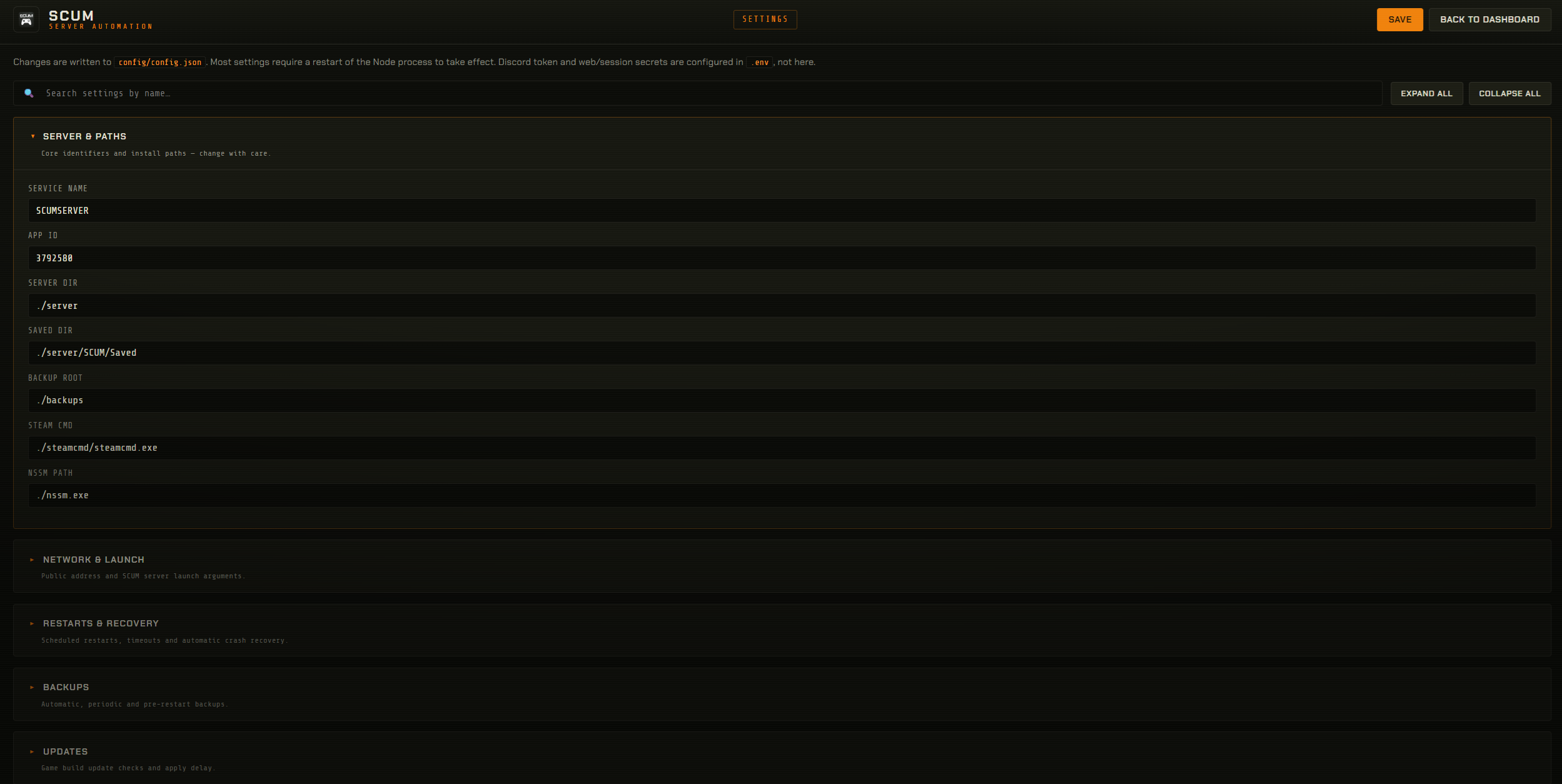 Admin dashboard — settings